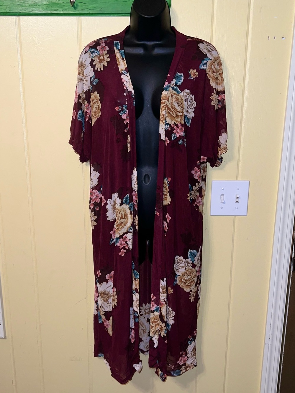 Burgundy Floral Kimono Sheer Cardigan Duster Boho Oversized Layering Size S